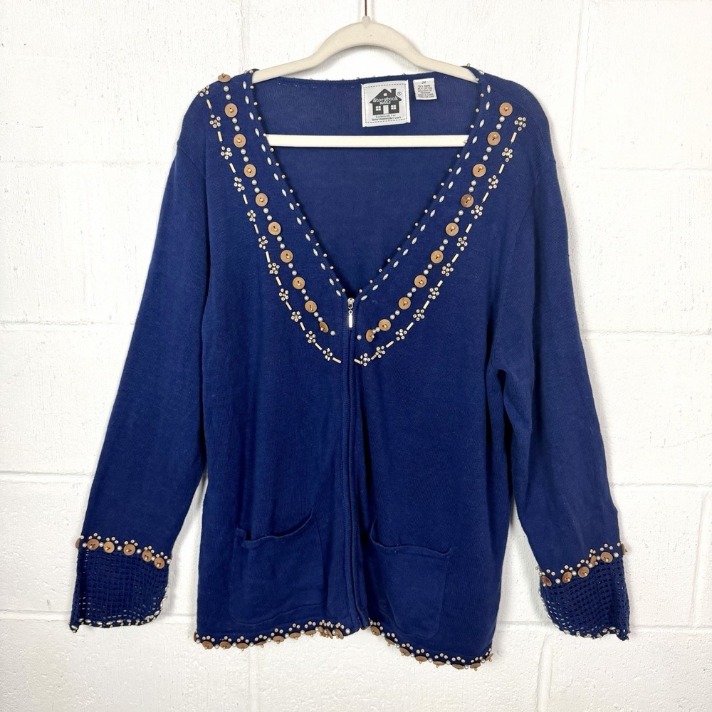 Storybook Knits Zip Cardigan Navy Blue "Pearl & Rose Romance" Beaded Crochet 2X